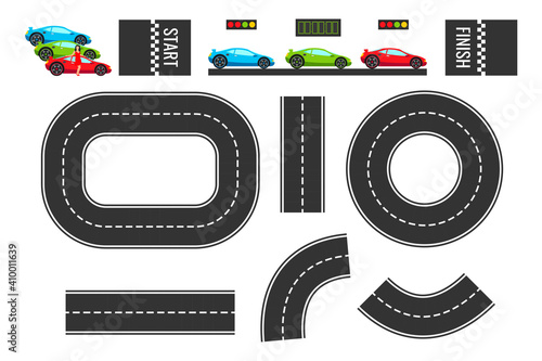 Street racing and drift road construction cartoon element. Color sport car set for board maze game design. Vector flat illustration isolated on white background