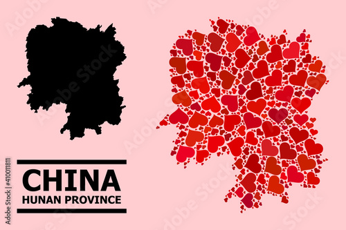 Love mosaic and solid map of Hunan Province on a pink background. Collage map of Hunan Province is composed with red love hearts. Vector flat illustration for love abstract illustrations.