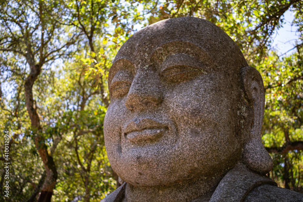 Solemn smiling happy buddha statue fat big fae cobble green forest bokeh field of view