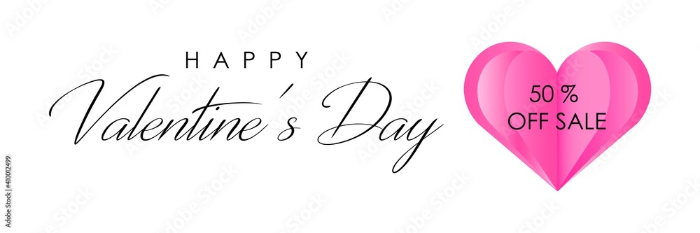 Happy Valentine's Day banner. Holiday background design with heart made of pink origami hearts on a white background. Horizontal poster, flyer, greeting card, header for website, for wallpaper, invita