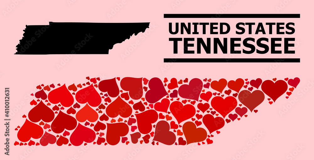 Love mosaic and solid map of Tennessee State on a pink background. Mosaic map of Tennessee State composed with red lovely hearts. Vector flat illustration for love conceptual illustrations.
