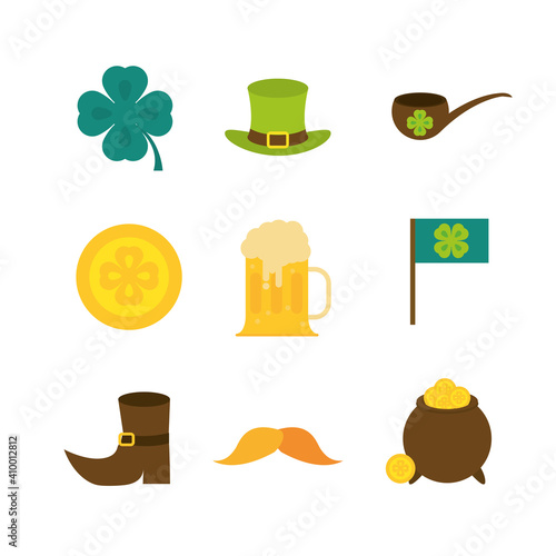 happy st patricks day icons clover pipe cauldron beer hat and coins flat vector