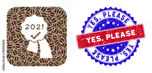 Vector collage 2021 approve award and grunge bicolor Yes, Please seal. Mosaic 2021 approve award constructed as stencil from rounded square with coffee beans.