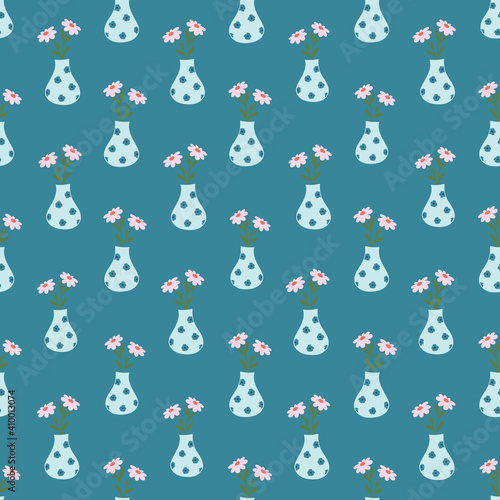 Floral Bouquet in Vase Seamless Pattern Turquoise 