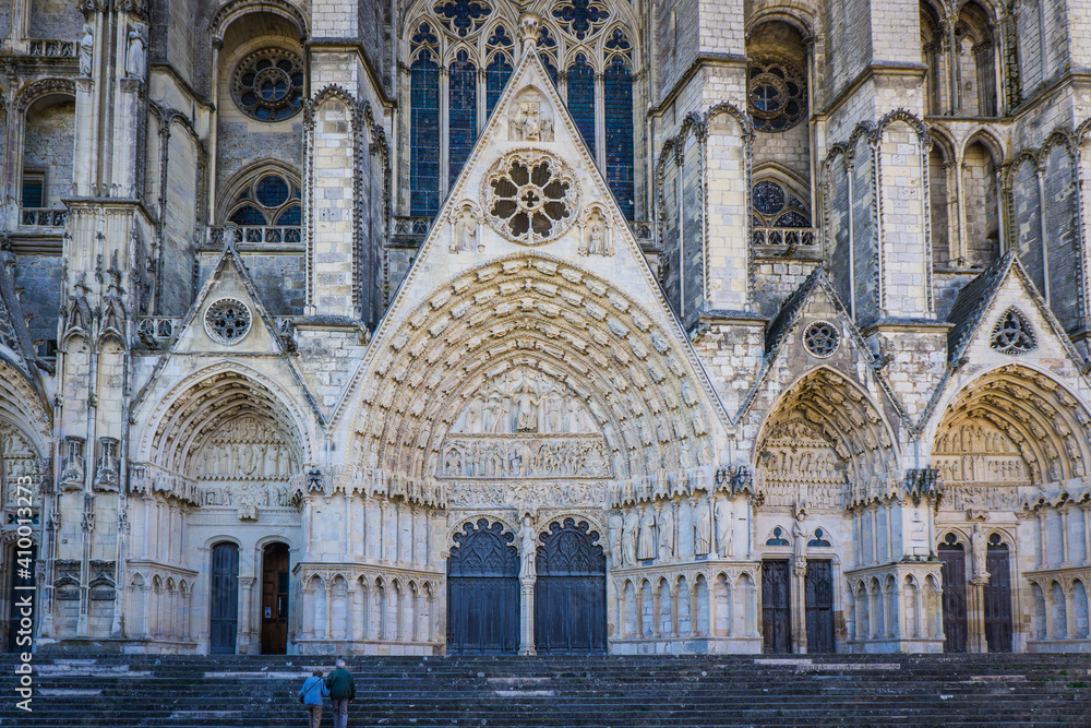 the beautiful carved facade of the Cathedral of Bourges (Berry, France), a gothic wonder listed as a UNESCO World Heritage site