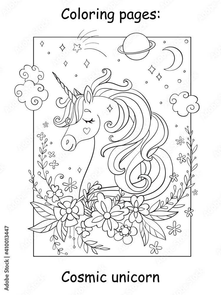 Fototapeta premium Beauty cosmic unicorn with flowers and stars coloring vector