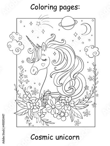 Beauty cosmic unicorn with flowers and stars coloring vector