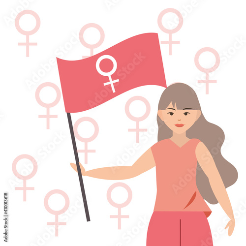 Womens day, woman holds flag with gender female symbol
