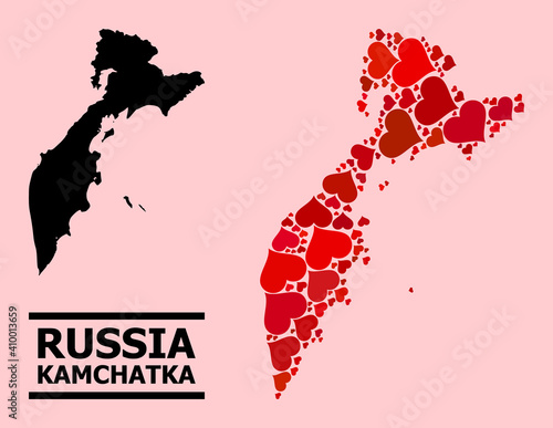 Love mosaic and solid map of Kamchatka Peninsula on a pink background. Mosaic map of Kamchatka Peninsula composed with red love hearts. Vector flat illustration for dating concept illustrations.