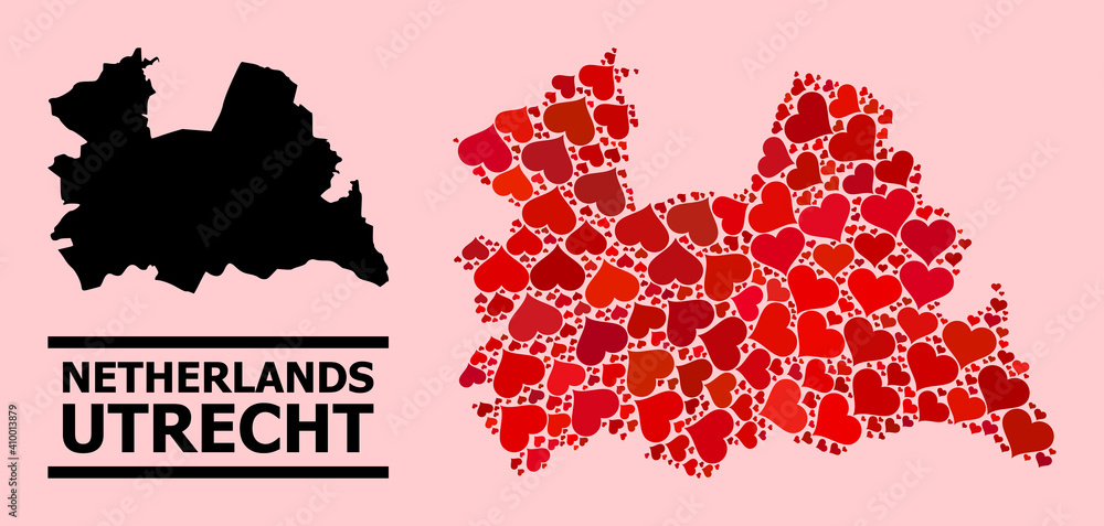 Love mosaic and solid map of Utrecht Province on a pink background. Collage map of Utrecht Province designed with red valentine hearts. Vector flat illustration for love concept illustrations. Love mosaic and solid map of Utrecht Province on a pink background. Collage map of Utrecht Province designed with red valentine hearts. Vector flat illustration for love concept illustrations.