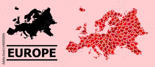 Love mosaic and solid map of Europe on a pink background. Mosaic map of Europe is composed with red valentine hearts. Vector flat illustration for love concept illustrations.
