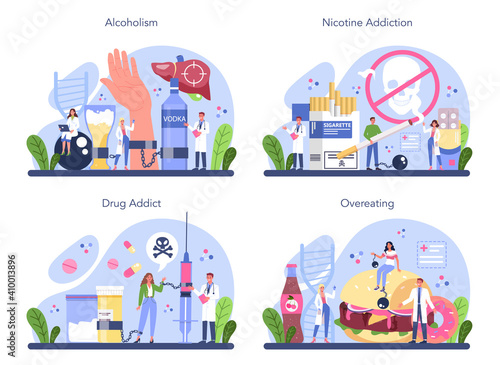 Addiction concept set. Idea of medical treatment for addicted people.