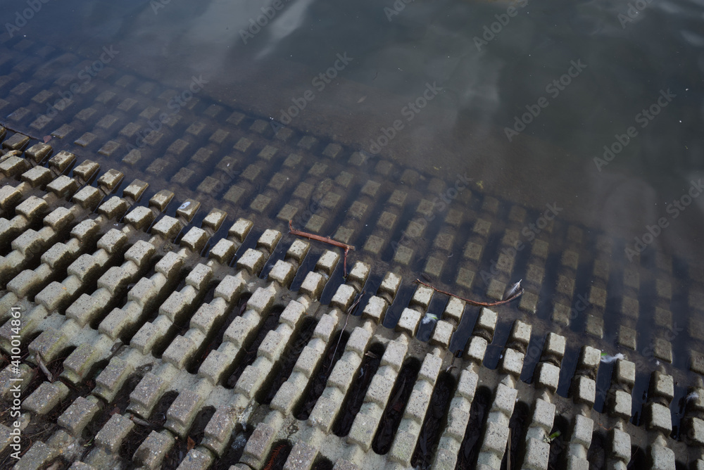 Fototapeta premium Top view, close-up detail of concrete graded access to the water or slope retaining concrete into water. 