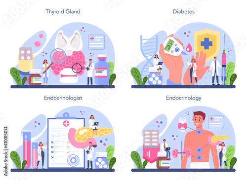 Endocrinologist concept set. Thyroid gland examination. Doctor examine
