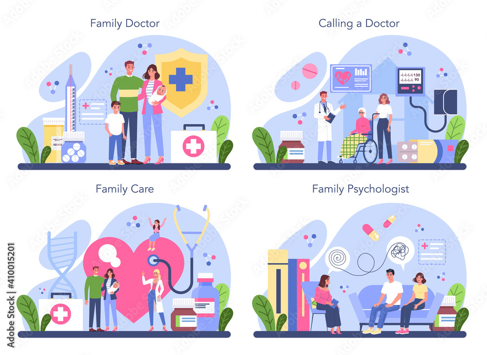 Family doctor concept set. Healthcare, modern medicine treatment,