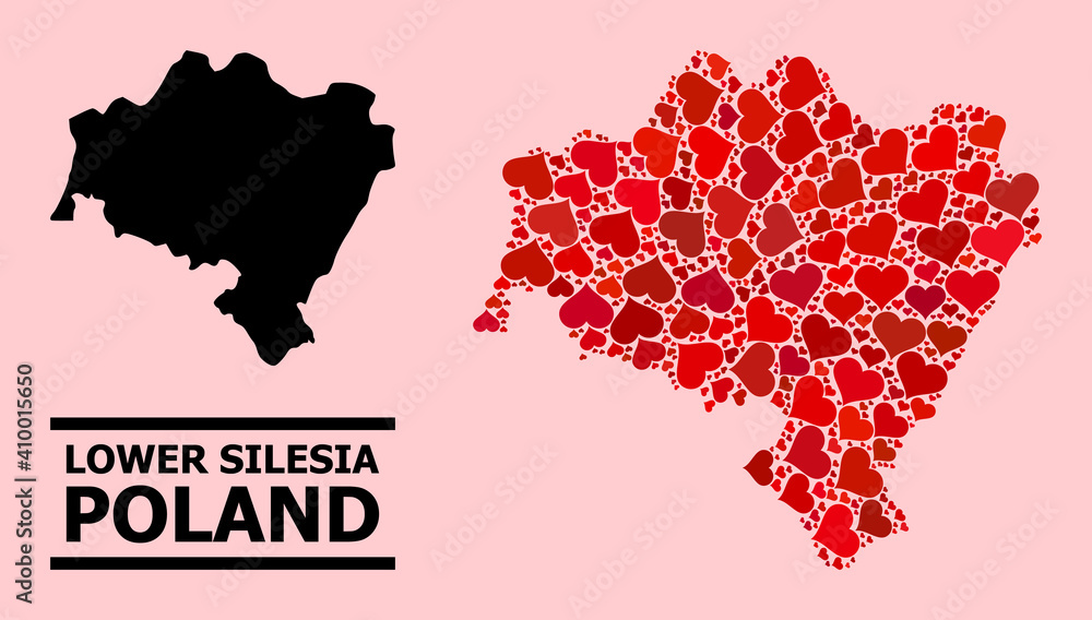 Love mosaic and solid map of Lower Silesia Province on a pink background. Collage map of Lower Silesia Province formed with red lovely hearts.