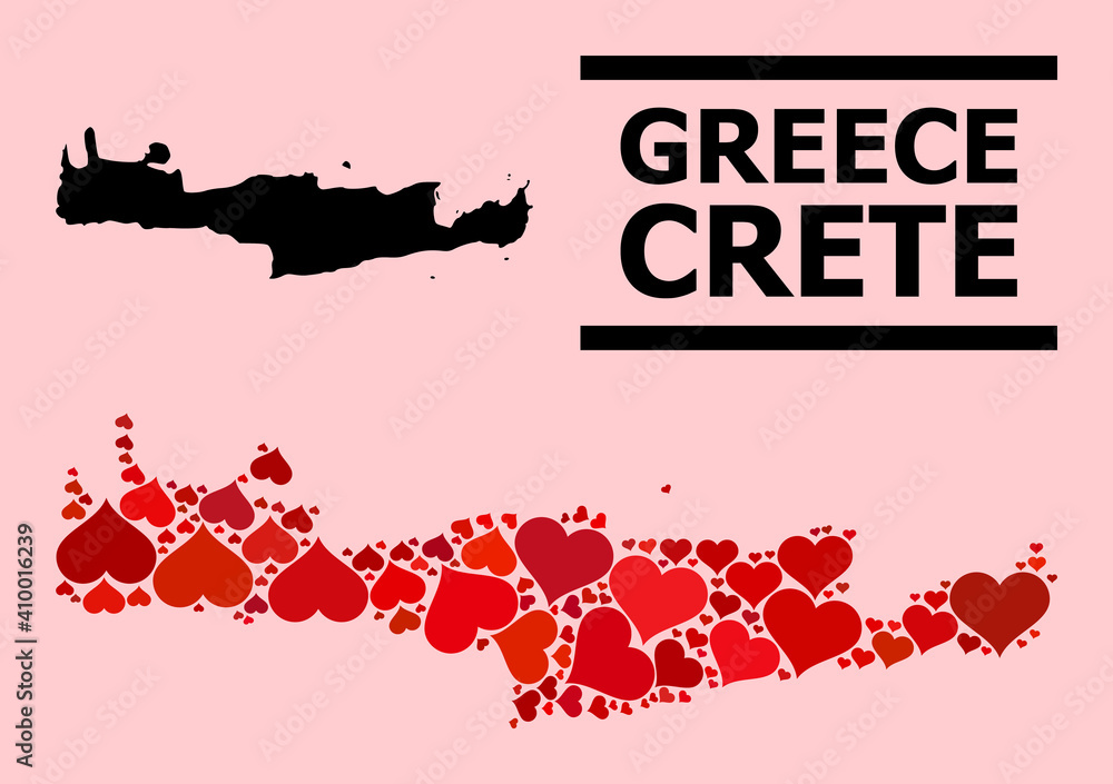 Love pattern and solid map of Crete Island on a pink background. Collage map of Crete Island designed with red love hearts. Vector flat illustration for love conceptual illustrations.