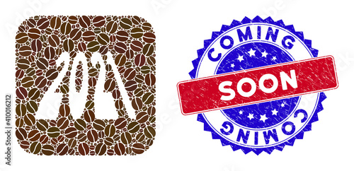 Vector collage 2021 perspective digits and grunge bicolor Coming Soon seal. Mosaic 2021 perspective digits constructed as subtraction from rounded square with coffee seeds.