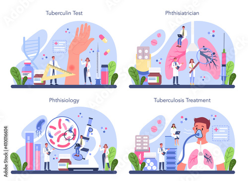 Phthisiatrician concept set. Doctor standing at big lungs and checking