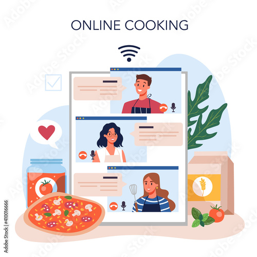 Pizza maker online service or platform. Chef cooking tasty delicious pizza.