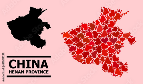 Love collage and solid map of Henan Province on a pink background. Collage map of Henan Province is designed with red valentine hearts. Vector flat illustration for love concept illustrations.