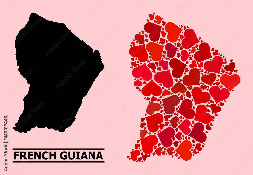 Love mosaic and solid map of French Guiana on a pink background. Mosaic map of French Guiana designed with red hearts. Vector flat illustration for dating abstract illustrations.