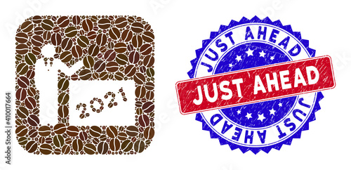 Vector mosaic 2021 showing man and grunge bicolor Just Ahead stamp. Mosaic 2021 showing man designed as hole from rounded square with coffee grain.