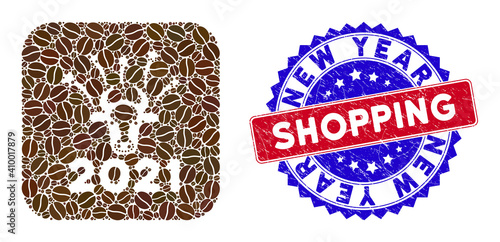 Vector collage 2021 bull fireworks and grunge bicolor New Year Shopping stamp. Mosaic 2021 bull fireworks designed as hole from rounded square with coffee beans.