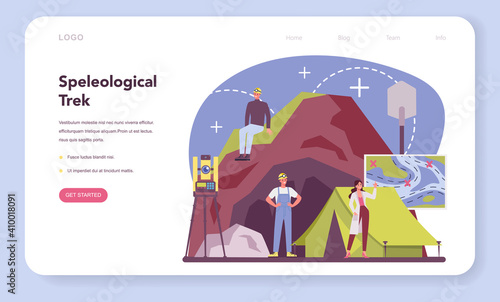 Speleologist web banner or landing page. Scientst exploring