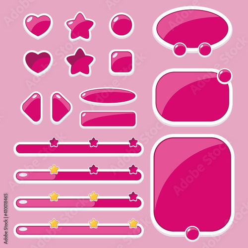 Set of buttons of different shapes, windows and progress bars for the design of the user interface of mobile games and applications.