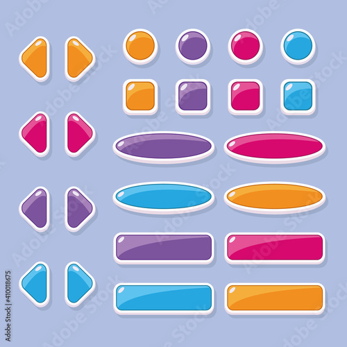 A set of buttons of different colors and shapes for the design of the user interface of mobile games and applications.