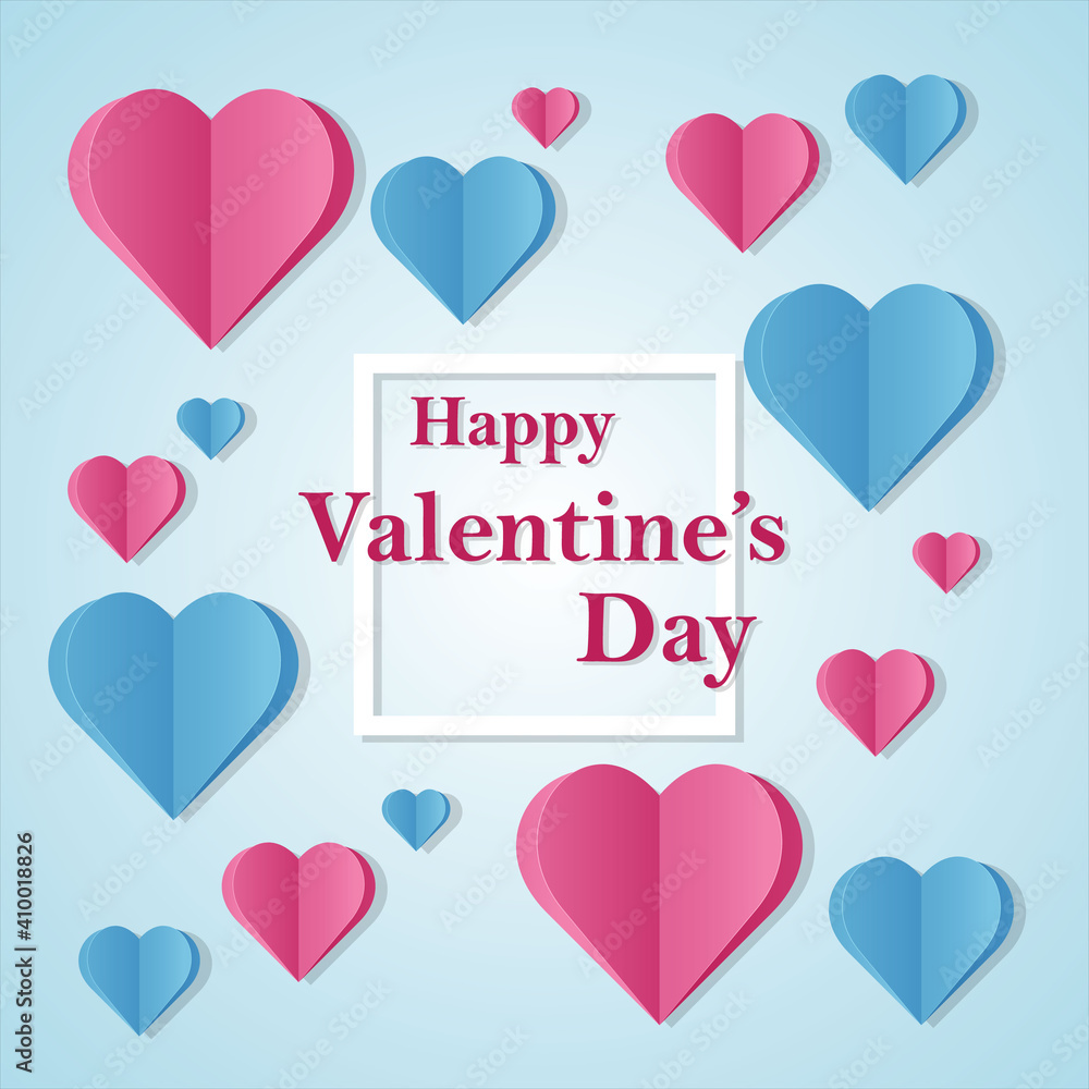 Illustration with pink and blue paper hearts for Valentine's Day on February 14 for design.
