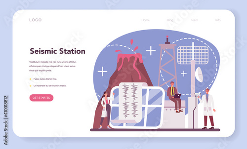 Volcanologist web banner or landing page. Geologist studying