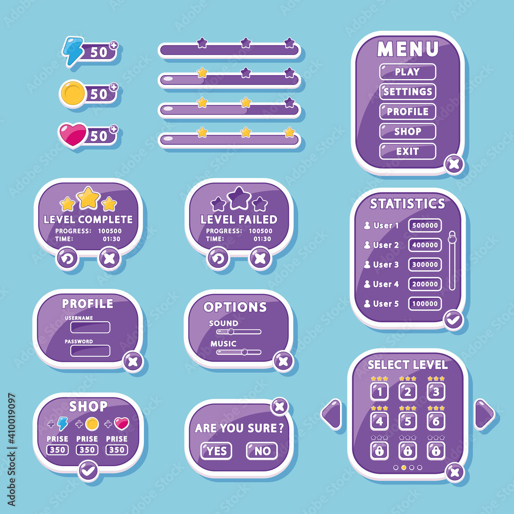 Interface elements for game and app design: buttons, menu Windows, and settings (GUI, UI). Interface elements for game and app design: buttons, menu Windows, and settings (GUI, UI).