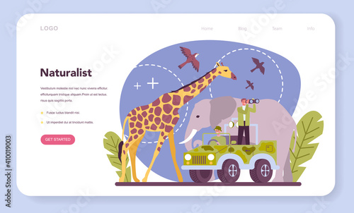 Zoologist web banner or landing page. Scientist exploring
