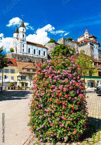 Aarburg Castle with church in Switzerland