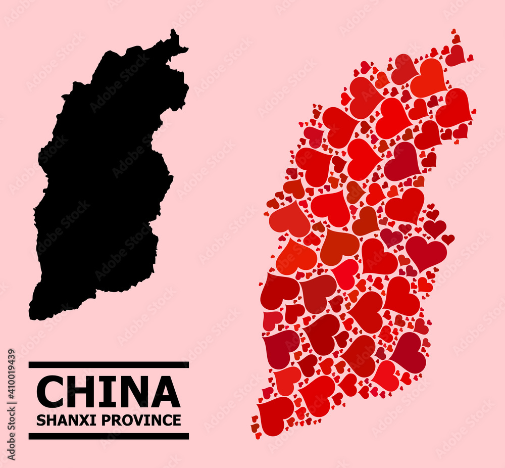 Obraz premium Love collage and solid map of Shanxi Province on a pink background. Collage map of Shanxi Province is formed from red hearts. Vector flat illustration for love concept illustrations.