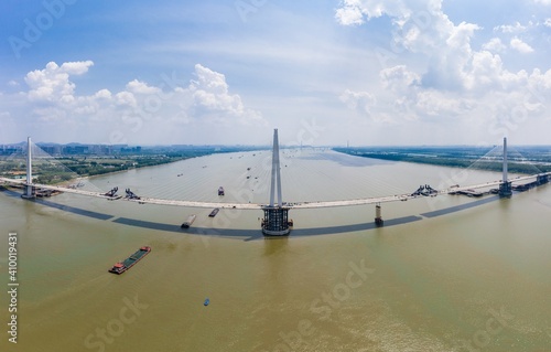 Aerial view of fifth Yangtze river bridge which is under construction in Nanjing City
