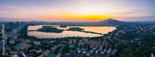 Sunrise over Xuanwu lake in Nanjing city in summer