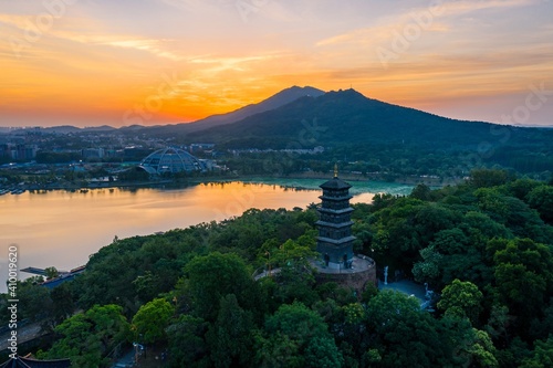 Sunrise over Xuanwu lake in Nanjing city in summer