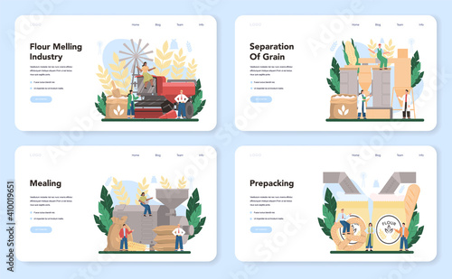 Flour melling industry web banner or landing page set. Modern grain processing