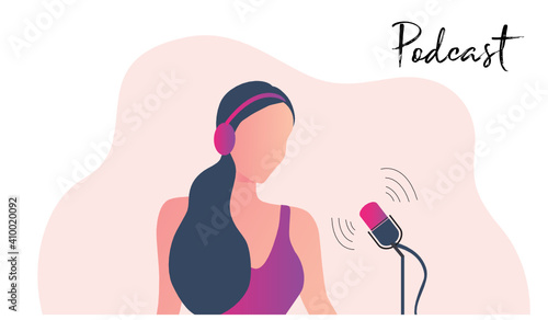 Online blogging podcast concept. Woman acts media radio host, blogger and influencer vector illustration
