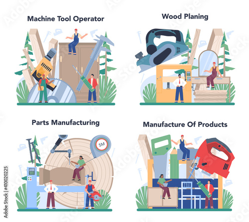 Wood products production operator concept set. Wooden furniture