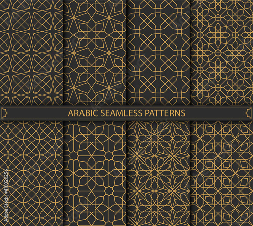 Collection of oriental arabic patterns. Black and gold background with arabic ornament textures.