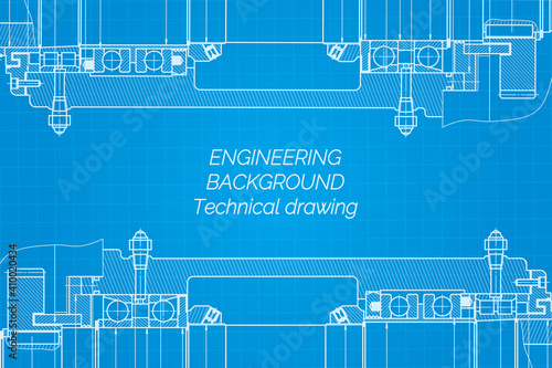 Mechanical engineering drawings on blue background. Milling machine spindle. Technical Design. Cover. Blueprint.