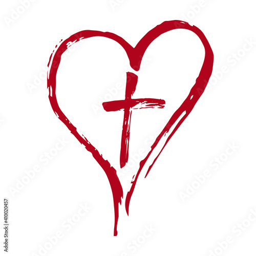Christian red cross and heart drawn by brush. Vector Illustration.