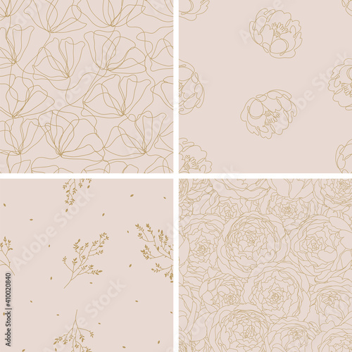4 Different flower vector seamless patterns. Romantic chic floral textures can be used for printing onto fabric and paper or scrap booking. Pink, white and gold colors. For baby, girl and woman.