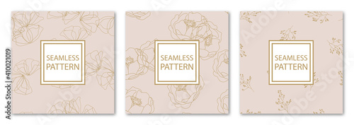 3 Different flower vector seamless patterns. Romantic chic floral textures can be used for printing onto fabric and paper or scrap booking. Pink, white and gold colors. For baby, girl and woman.