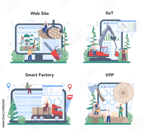 Timber industry and wood production online service or platform set
