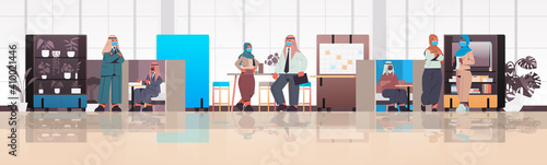 arabic businesspeople working and talking together in coworking center business meeting teamwork concept modern office interior horizontal full length vector illustration